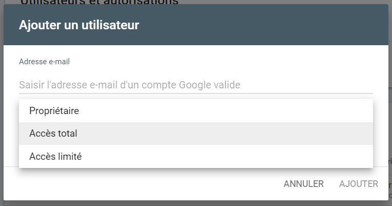 niveaux d'accès à search console pour partager ses accès à un freelance