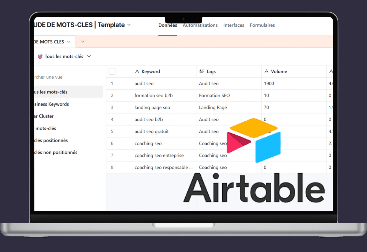 template étude de mots-clés sur airtable - SEO
