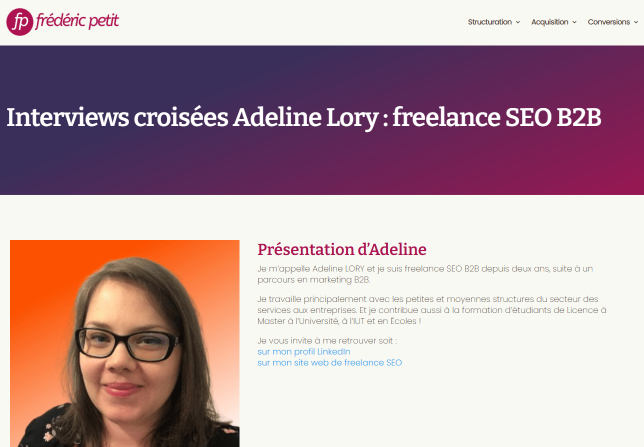 interview d'adeline LORY, consultante SEO freelance, sur le site de Frédéric Petit
