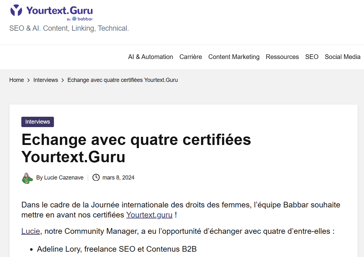 interview d'Adeline LORY freelance SEO B2B sur YourTextGuru